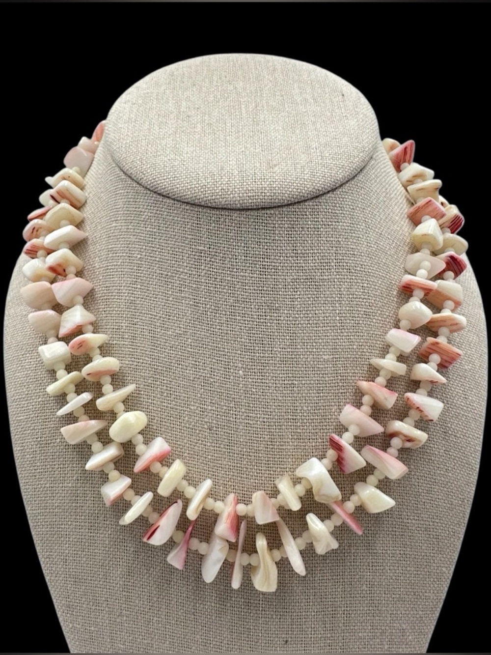 Japan Signed Shell Chip 2 Row Layered Vintage Necklace